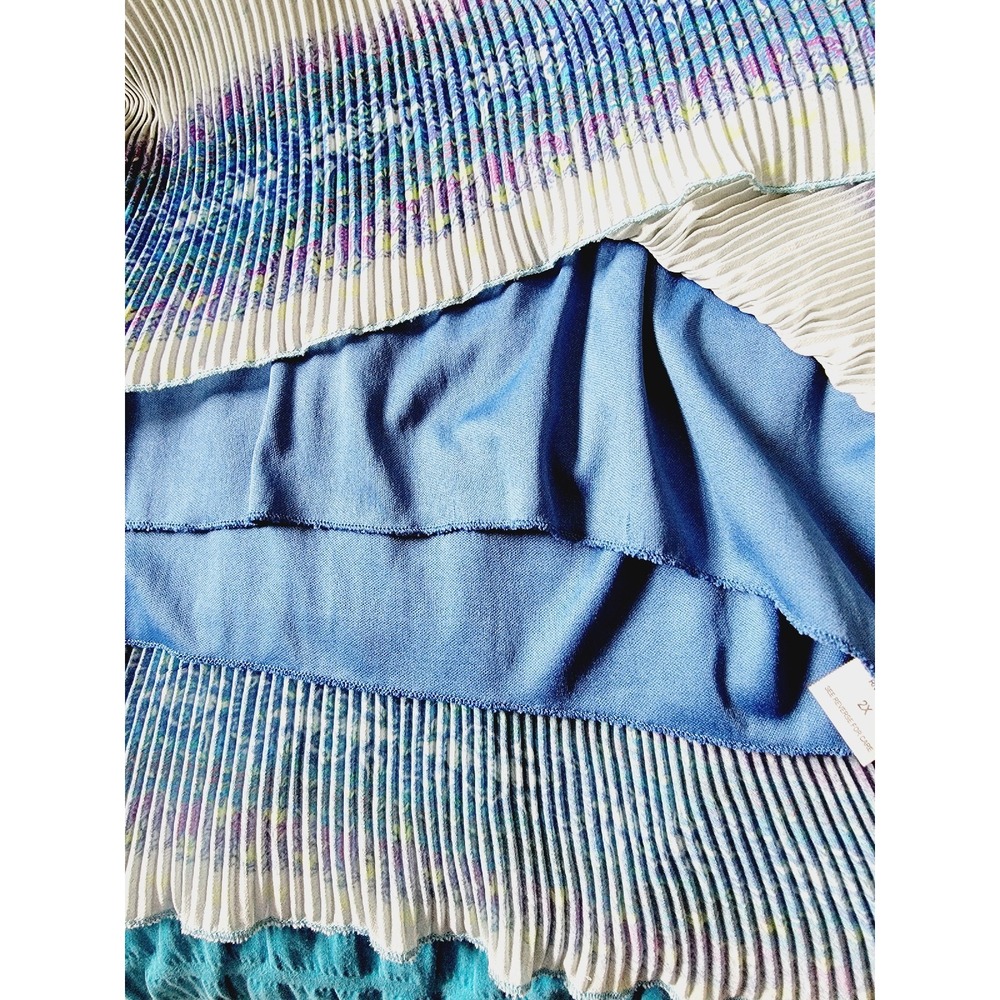 One World 2X Sleeveless Pleated Beaded Tank Top Blue Purple Boho Bling - Picture 7 of 10